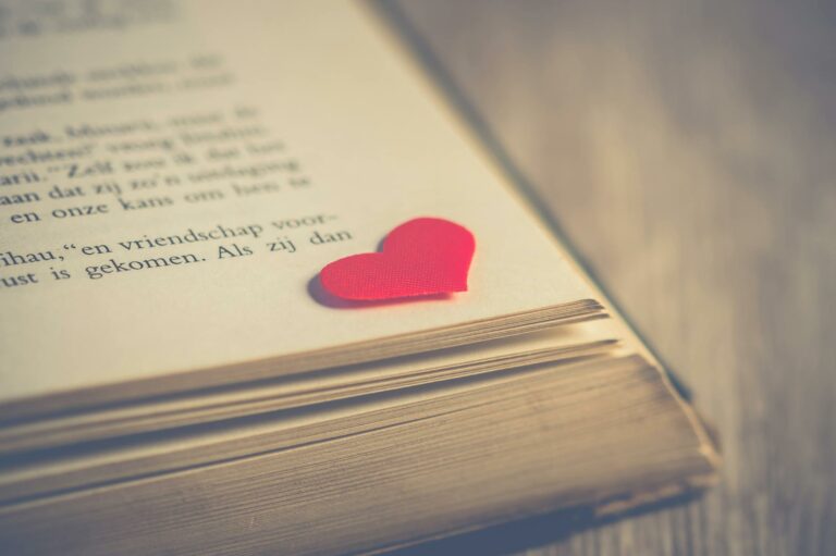photography of red heart on book page