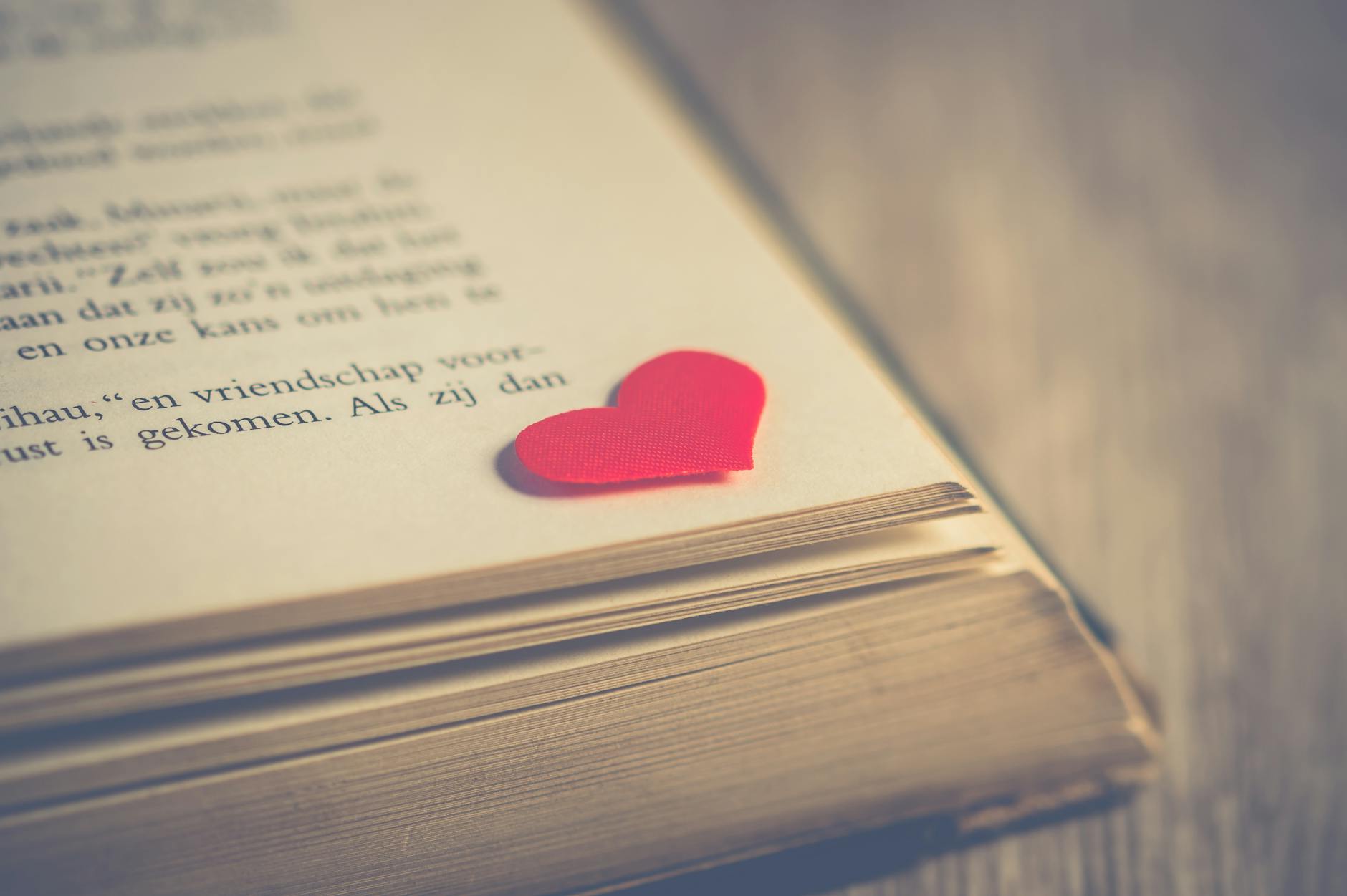 photography of red heart on book page